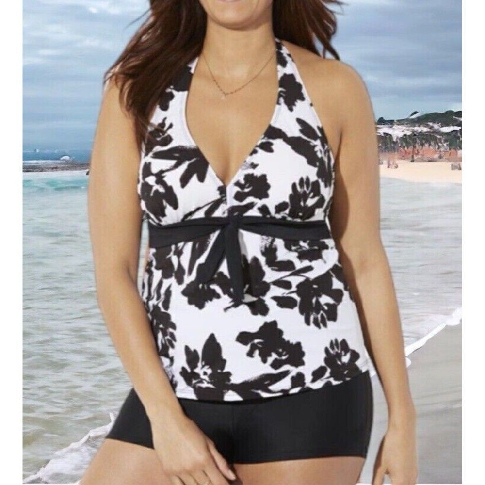 NWT Swimsuits For All Women Black/White Floral One Piece Swim Tankini Top 20